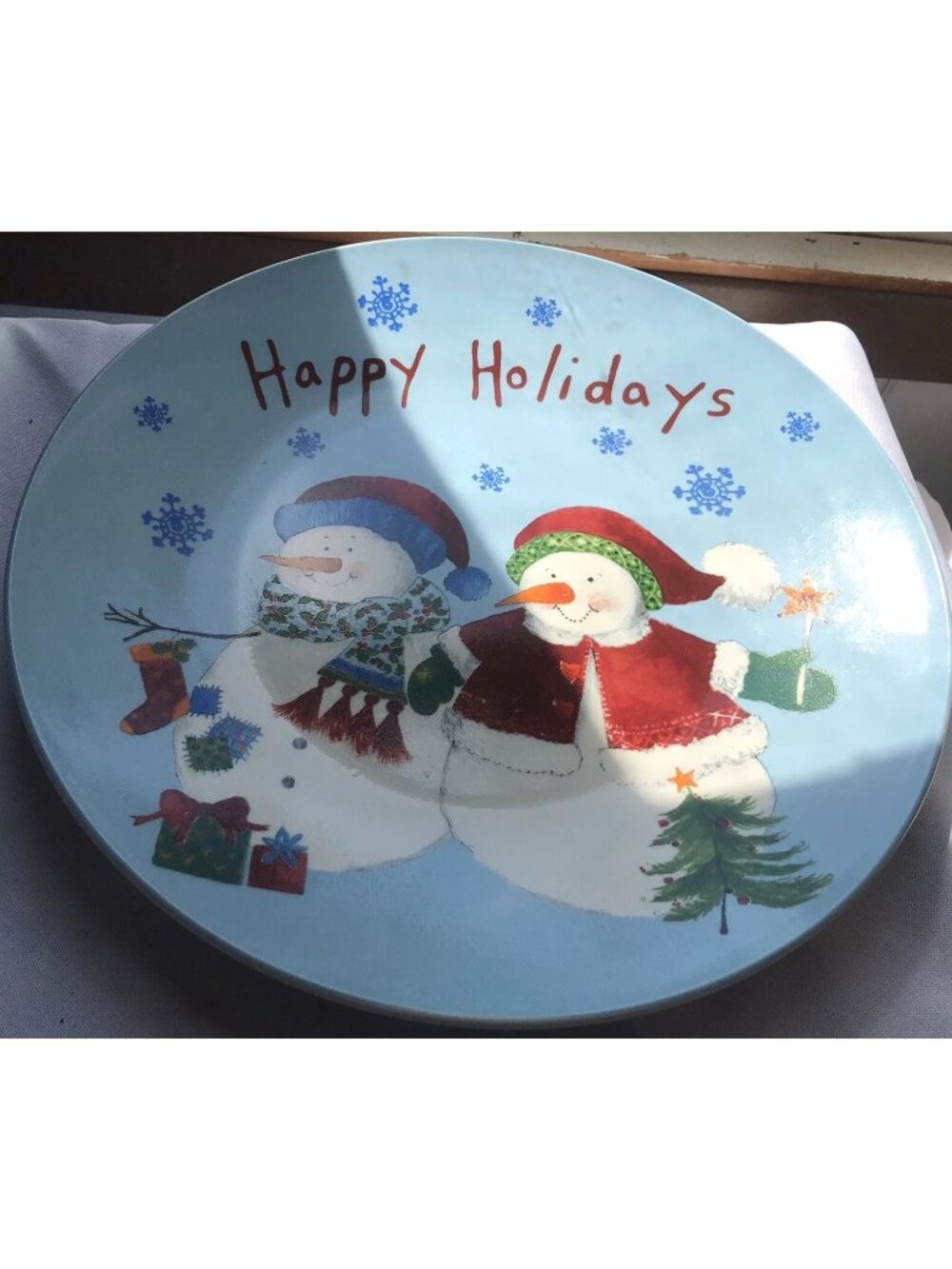 Happy Holidays Christmas Cake Cookie Plate Platter  Blue with Happy Snowmen 12”